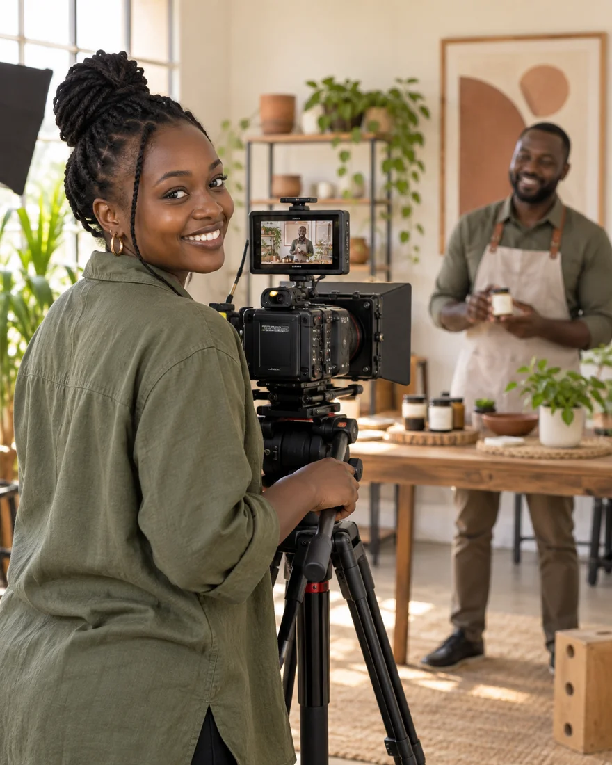 Illustrative scene of a filmmaker recording a business video.