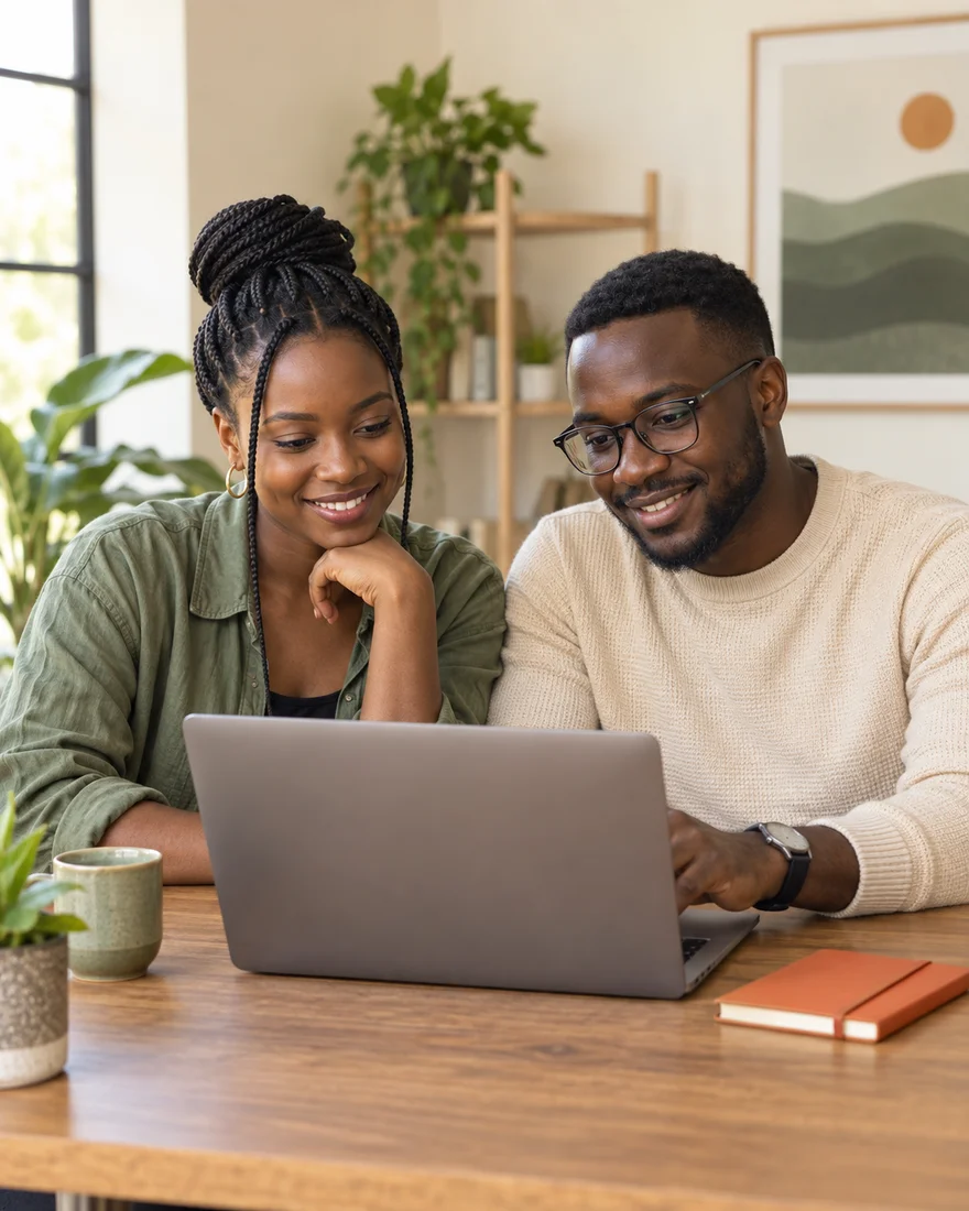 Illustrative scene of two learners exploring software development together.